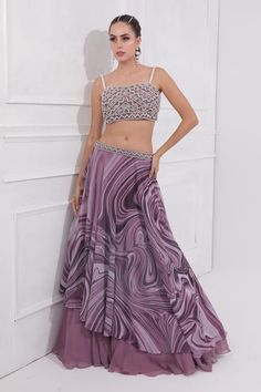 Dusky lilac georgette double-layered lehenga with an attached cancan, marble print and pearls and mirror hand embroidered waistband. Comes with a padded blouse. - Aza Fashions Layered Lehenga, Lehenga With Blouse, Lehenga Pattern, Printed Lehenga, Orange Ombre, Purple Marble, Wedding Lehenga, Wave Print, Indian Fashion Designers