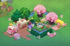 an animal crossing game with many animals and flowers on the ground in front of trees