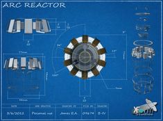 a blueprint drawing of an arc reactor with parts labeled in the top right corner