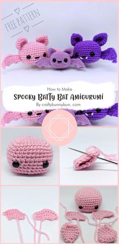 crocheted pink and purple items with text overlay that says, how to make spook baby bat amigurmi