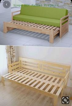 two different types of wooden beds with green mattresses on top and bottom one is made from wood