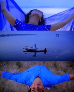 two pictures one is upside down and the other shows a woman floating in a boat