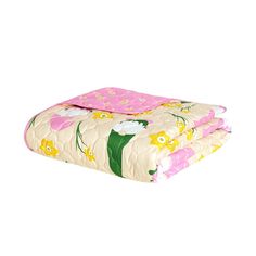 a pink and yellow blanket with flowers on it