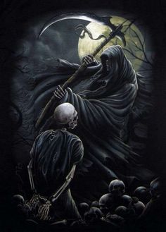 a painting of a skeleton holding a sculler in front of a full moon