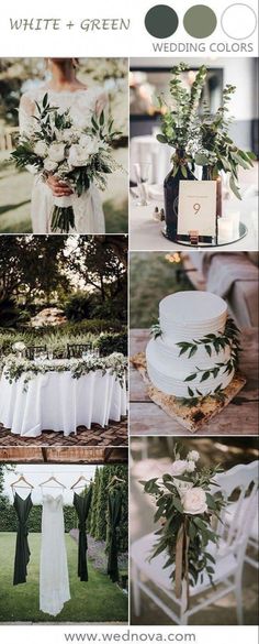 a collage of photos with white and green wedding colors in the same color scheme