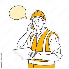 a construction worker talking on the phone while holding a piece of paper with an empty thought bubble above it