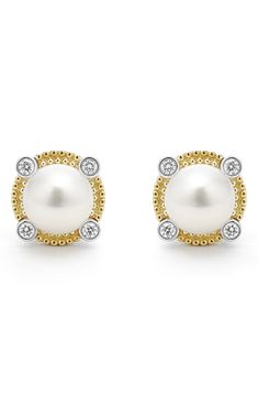 Caviar-beaded frames hold luminous pearls and sparkling diamonds in these modern-meets-classic stud earrings. Post back Pearl size: 7–8mm Total diamond weight: 0.14ct. Color: G–H Clarity: SI Sterling silver/18k gold/freshwater pearl/diamond Imported >Diamond Guide Classic Formal Pearl Earrings With Pave Setting, Elegant Formal Pearl Earrings With Pave Setting, Elegant Pearl Earrings With Pave Setting In Diamond White, Elegant Diamond White Pearl Earrings With Pave Setting, Elegant White Gold Jewelry With Milgrain Detailing, Elegant White Gold Milgrain Jewelry, Lagos Jewelry, Pearl And Diamond Earrings, Diamond Guide