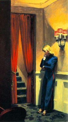 a painting of a woman leaning against a wall next to a doorway with red curtains