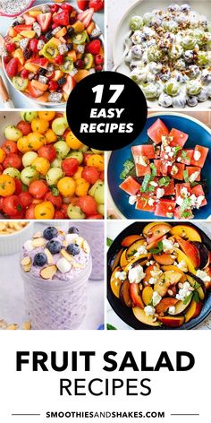 fruit salad collage with text overlay that reads 17 easy recipes for fruit salad