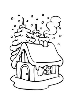 a black and white drawing of a house in the snow with a tree on top