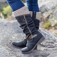 Women's Slouchy Knee-High Boots with Knit Cuffs and Buckle Detail, Stylish and Warm for Winter and Outdoor Wear 2024 - $39.99 Orthopedic Shoes Stylish, Anna Karina, Low Heel Boots, Orthopedic Shoes, Round Toe Shoes, Zipper Boots, Winter Snow Boots, Calf Boots, Mid Calf Boots