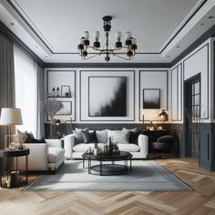 a living room filled with furniture and a chandelier