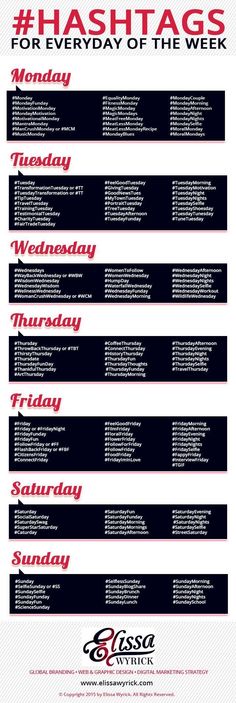 the hashtags for every day of the week are shown in red and black