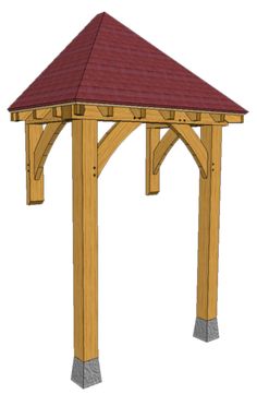 a wooden gazebo with a red roof and shinning on the top is shown