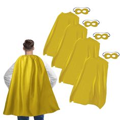 a man wearing a yellow cape and six pairs of eye mask on his head, all in the same color