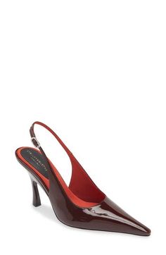 A sculptural heel balances the dramatic pointy toe of this sleek slingback pump crafted of the label's high-quality faux leather with a patent sheen. 3 1/2" (90mm) heel Adjustable slingback strap with buckle closure Synthetic and recycled-textile upper/synthetic lining/synthetic and recycled-rubber sole Made in Italy Designer Shoes Designer Slingback Pumps With 4-inch Heel And Pointed Toe, Luxury Slingback Pumps With 4-inch Heel For Office, Modern Slingback Pumps With 4-inch Heel, Fitted Slingback Pumps With Sculpted Heel, Modern Leather Slingback Pumps With 4-inch Heel, Luxury High Heel Slingback Pumps For Work, Modern Patent Leather Slingback Pumps With 4-inch Heel, Evening Slingback Pumps With Reinforced Heel And Pointed Toe, Designer Slingback Heels With Sculpted Heel