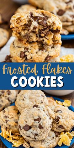 chocolate chip cookies stacked on top of each other with the words frosted flakes cookies above them