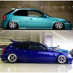 two pictures side by side of a blue car and the same one with chrome rims