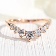 Large 7 diamond wedding ring rose gold u shaped curved wedding band la more design jewelry Curved Wedding Bands For Solitaire Rings, Large Diamond Band, Ring Enhancers, Low Profile Engagement Rings, Large Diamond Rings, Black Diamond Studs, Contour Wedding Band, Halo Diamond Earrings, Diamond Bridal Ring Sets