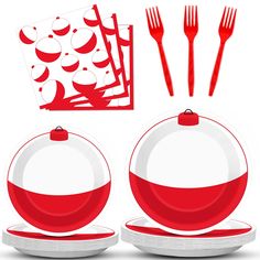 a red and white dinnerware set with utensils