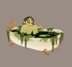 a cartoon character sitting in a bathtub filled with water