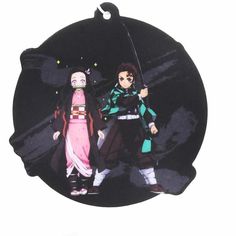 two anime characters standing next to each other in front of a black circle with white background