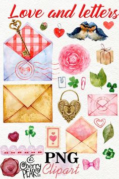 watercolor love and letters clipart set with envelopes, roses, hearts, keys