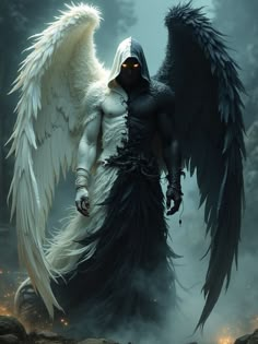 an angel with black wings standing in the fog