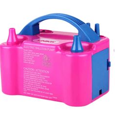 a pink and blue electric balloon pump