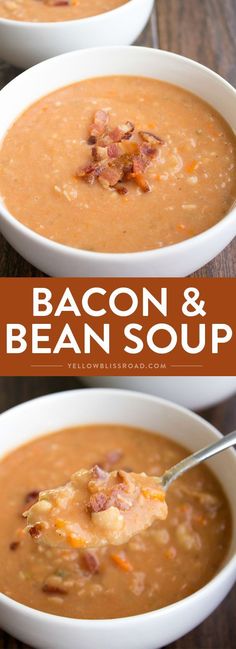 two bowls of bacon and bean soup with a spoon