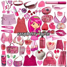 a collage of barbie dolls and other items in pink, white and red colors