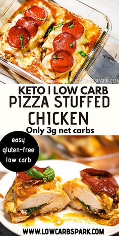 the keto low carb pizza stuffed chicken is ready to be eaten and served