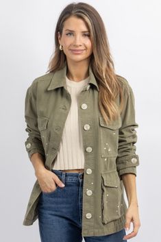 Distressed Cotton Button-up Outerwear, Distressed Button-up Winter Outerwear, Spring Utility Distressed Outerwear, Spring Utility Outerwear With Distressed Details, Fall Washed Button-up Utility Jacket, Final S, Crochet Midi Dress, Distressed Jacket, Shimmer Dress