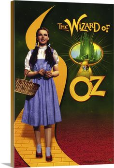 the wizard of oz movie poster with an image of a woman in blue dress holding a basket