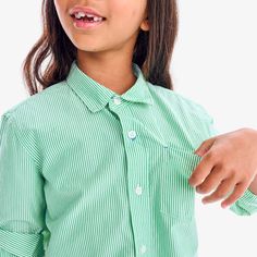 This shirt was such a hit this past spring, we brought it back for a new season with long sleeves! Great to wear as a layer at the playground or on its own for Picture Day. Fabric: 100% cotton poplin; naturally wrinkle-resistant, and pre-washed to minimize shrinkage. Feel: Soft, lightweight, and crisp. Learn more. Fit: Slightly roomy and layer-friendly; front pocket for knick-knacks. Apple White, Picture Day, Green Apple, Knick Knacks, Cotton Poplin, New Season, Front Pocket, White Stripe, Button Downs