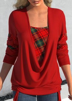 ROTITA Drawstring Plaid Red Square Neck Long Sleeve Sweatshirt Patch Work Blouse, Fashion Tops Blouse, Loose Fitting Tops, Suit Fabric, Pullover Shirt, Red Blouses, Womens Casual Outfits, Womens Plaid, V Neck Tops