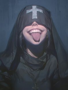 a woman with her tongue hanging out and wearing a hood over her head, making a funny face