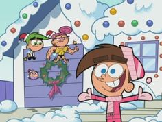 an animated cartoon character standing in front of a house with snow on the ground and christmas decorations