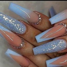 Long Acrylic Nail Designs, Blue Acrylic Nails, Winter Nails Acrylic, Cute Acrylic Nail Designs, Long Acrylic Nails Coffin, Coffin Shape Nails, Nail Swag, Bling Acrylic Nails