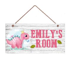 a wooden sign with a pink dinosaur on it