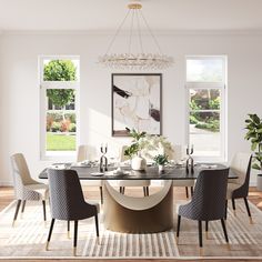 a dining room table with chairs around it