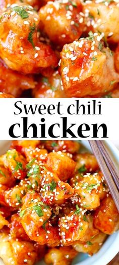 two pictures of sweet chili chicken with chopsticks