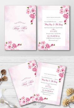 two wedding cards with pink flowers on the front and back, in watercolor style