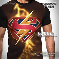 a man wearing a superman t - shirt with lightning bolt on the front and back