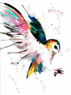 watercolor painting of a bird flying with its wings spread out and it's eyes open