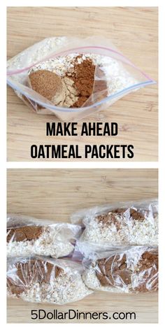 three bags filled with oatmeal next to each other on top of a wooden table