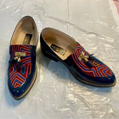 Navy Patent With Multicolor Fabric Inserts. Handmade. Brand New: Never Worn. Really Unique. Make A Statement. (I Am Selling A Very Similar Pair In Black. See My Closet.) Blue Flat Loafers For Fall, Slipons Shoes, Multicolor Leather Formal Loafers, Blue Brogue-detailed Loafers For Galas, Luxury Blue Tassel Loafers For Men, Blue Slip-on Tassel Loafers For Work, Oxford Loafers, Blue Leather Sole Tassel Loafers Slip-on, Navy Slip-on Loafers With Stitched Sole