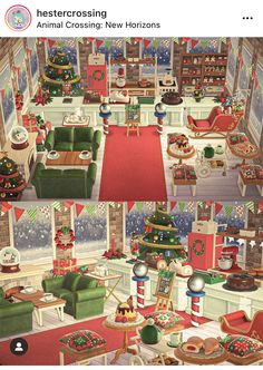 the christmas room is decorated with red carpet and green couches, while other decorations are arranged