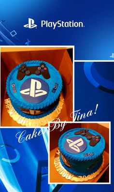 the playstation cake is blue and has two video game controllers on it's side