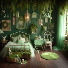 a bedroom with green walls and wooden floors